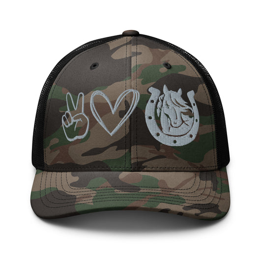 Peace, Love, Horses Camouflage trucker hat